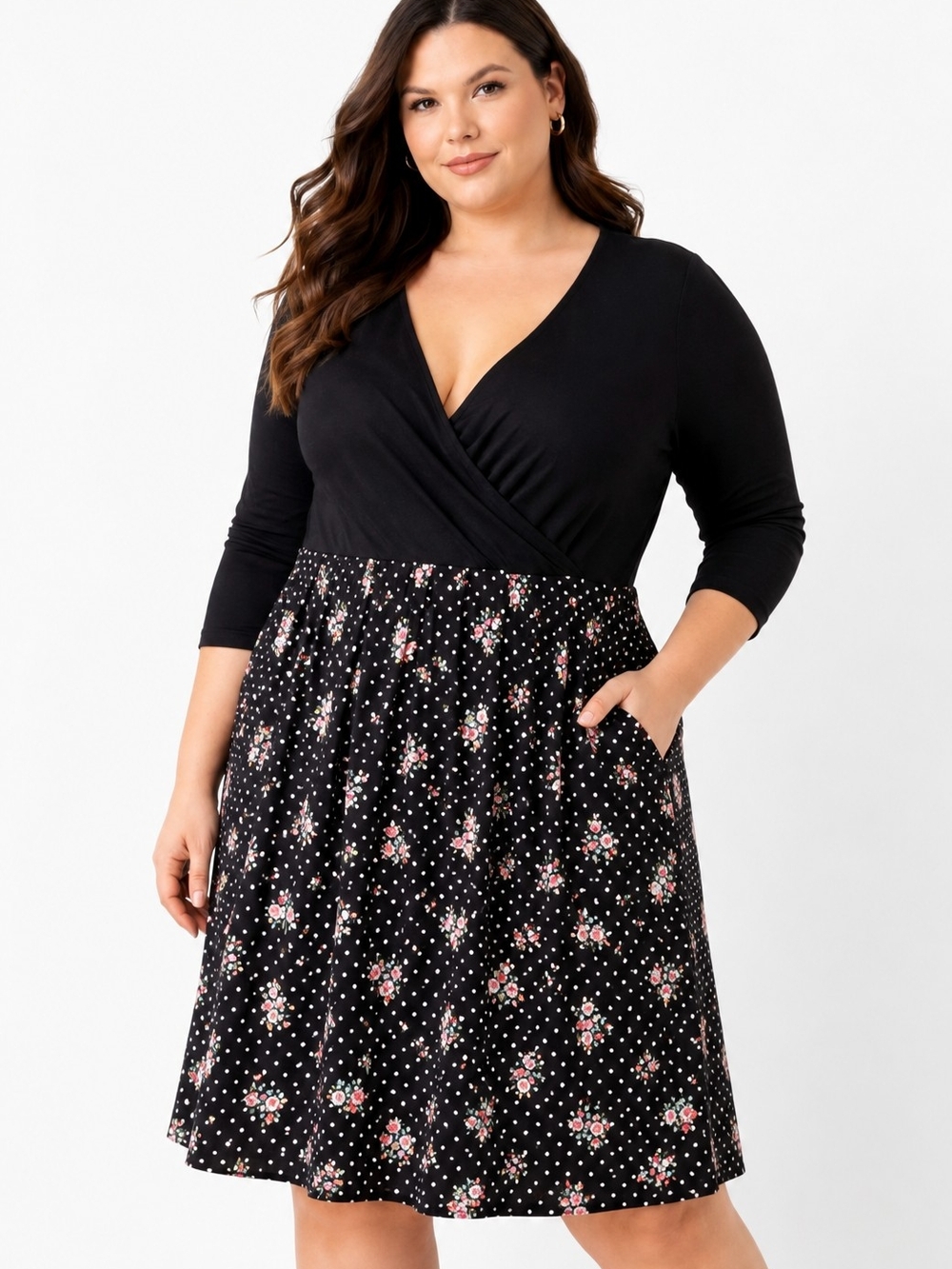 Torrid Size 0 Black Faux Wrap Floral Polka Dot Dress w/ Pockets